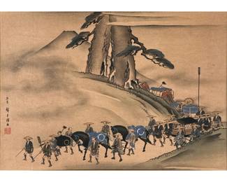 MIXED MEDIA JAPANESE CONVOY ART | Showing escorted convoy traveling through hillside 8.5 x 12.5 in sight. -  l. 21.25 x h. 17 in

