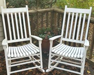 (2PC) PAIR WHITE ROCKERS | Pair of classic slatted white rocking chairs. - l. 38 x w. 26 x h. 44 in

