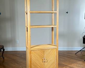 BAMBOO RATTAN BOOKSHELF CABINET | Having three open shelves over cabinet doors. -  l. 14 x w. 32 x h. 77 in



