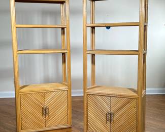 PAIR BAMBOO RATTAN BOOKSHELVES  | Each having three open shelves over cabinet doors. - l. 42 x w. 32 x h. 77 in (each)

