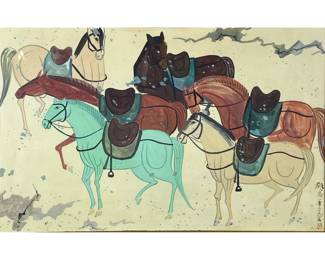 CHINESE TANG MOGAO CAVE PAINTING OF A HERD OF HORSES | Colorful horses. Paint on paper 9.5 x 15.5 in sight. Showing colorful horses with saddles Signed lower right and with chop marks
Similar to a copy - l. 22.5 x h. 17.25 in