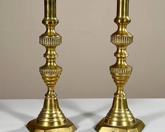 PAIR BRONZE CANDLESTICKS | Marked “solid English”. - h. 12 in

