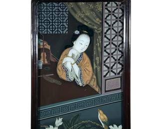 JAPANESE REVERSE PAINTED GLASS SCENE | Showing a lady with arms folded, gazing upon a bird. - w. 14.5 x h. 22 in (frame)

