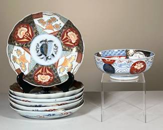 (7PC) ANTIQUE JAPANESE PLATES & BOWL | Including 6 plates and 1 bowl showing colorful floral scenes with gilt accents. - h. 1.75 x dia. 9.5 in

