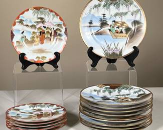 (16PC) COLORFUL JAPANESE PLATES | Set of 6 small plates at 10 slightly larger plates showing scenes of Japanese women in nature with red and gilt border. - dia. 7.5 in (larger plate)


