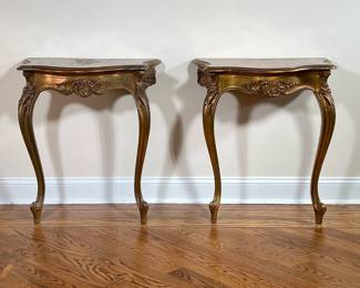(2PC) PAIR CARVED SIDE TABLES | Carved & gilt 1/2 side tables with floral carving over cabriole legs. - l. 27 x w. 17.75 x h. 29 in

