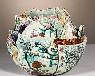 ART POTTERY PLANTER | Colorful art pottery planter with floral designs and gilt accents. -  h. 8 x dia. 10.5 in

