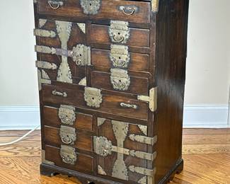 KOREAN STYLE MAHOGANY CHEST | With 2 full-length drawers, 6 half drawers, and two larger cabinets. -  l. 22.5 x w. 14.5 x h. 33.5 in

