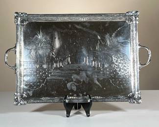 PEACOCK DECORATED SILVER PLATE TRAY | Quadruple plate Webster bros silver plate tray with peacock decoration and stamped floral border. - l. 19 x w. 12 x h. 2 in
