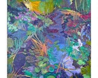 ROXENE SLOATE (AMERICAN, 20TH CENTURY) | Gingerbread Landscape. Showing a colourist pond with lilypads and animals. Signed "RGS" lower left. - l. 21 x h. 25 in