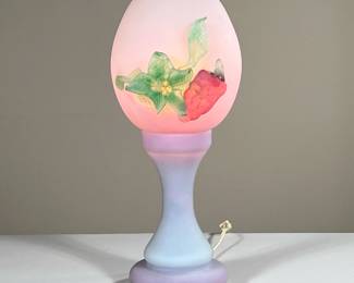 COLORED GLASS PATE DE VERRE LAMP | Beautiful colored glass egg form shade with grape relief on a glass pedestal. - h. 17 x dia. 6.5 in


