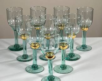 (10PC) COLORED BLOWN GLASS WINE GLASSES | Light aqua blue hand-blown wine glasses with gilt accent in middle. -  h. 9.5 x dia. 3.25 in

