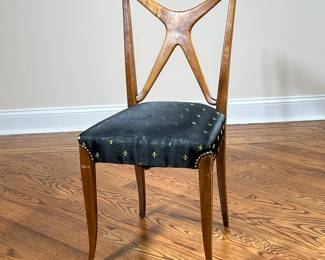 X-BACK CHAIR | Showing 4 piece x-back chair over black & gold upholstered seat with brass riveted border. -  l. 17 x w. 16.5 x h. 35 in

