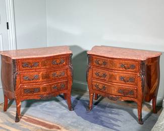 (2PC) PAIR DUTCH BOMBE NIGHT STANDS | Stone-topped Bombe nightstands with wood inlay and cast metal accent. -  l. 34.5 x w. 17 x h. 30 in

