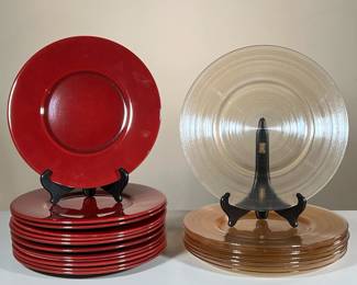 (20PC) FANCY CHARGERS | Including 12 deep red chargers and 8 textured glass chargers. - h. 14 in (largest)

