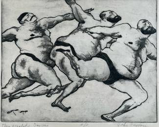 JOHN FAUTOU (20TH CENTURY) ENGRAVING | “Three Acrobatic Dancers”. Engraving on paper 8.75 x 10.75 in., sight. Showing three large bearded men dancing in undies, in gilt frame. -  l. 17.75 x h. 16 in







