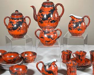 (22PC) JAPANESE RED DRAGON TEA & COFFEE SET | Including; large teapot, small & large creamers, small & large lidded sugar bowls, 10 teacups (5 wide, 5 tall), and 7 saucers. -  l. 8.5 x w. 5 x h. 8 in

