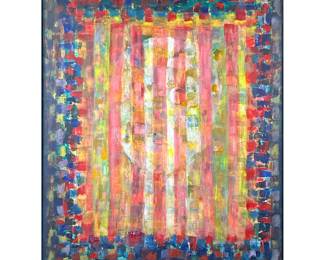 ABSTRACT OIL PAINTING | Colorful patterns with red stripes. - w. 32 x h. 42 in (frame)

