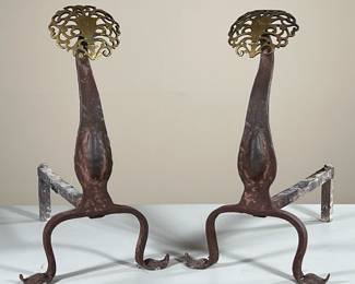 (3PC) ART DECO FIREPLACE ITEMS | Including a pair of andirons with flour and vine, decorations, plus an etched mirror fire screen. -  l. 16 x w. 10.5 x h. 17 in

