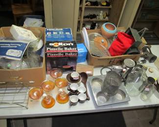 carnival glass and kitchen items