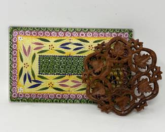 Lot 22 | Glass Trivet & Carved Teak Footed Trivet