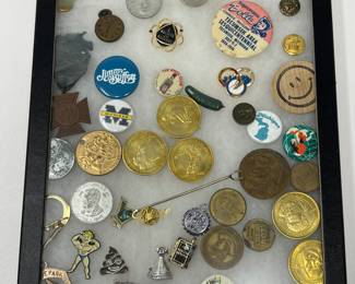 Lot 253 | Framed Small Tokens Pins Buttons Vintage