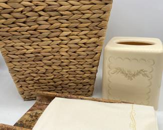 Lot 88 | Cast Stone Guest Towel Holder, Woven Trash Basket