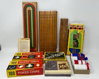 Lot 260 | Vintage Poker Chips, Cribbage Boards