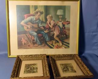 Thomas Hart Benton "The Music Lesson" Print, Framed And Matted, 24" x 30", And Framed And Minted Figurine Prints, 13.5" x 11.5", Qty 2