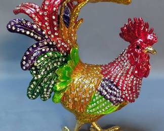 Metal Jeweled Rooster Trinket Box, 8" Tall