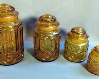 L. E. Smith Moon And Stars Yellow Glass Canister Set, Qty 4, 12", 9.5", 7", And 5.5" Tall