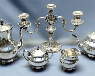 Sterling Silver Tea Pot And Coffee Pot, 11" Candelabra With Weighted Base, Creamer With Broken Handle And Sugar Bowl
