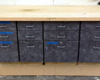 Custom Built 12 Drawer Wood Top Workbench, 38" x 83" x 32"