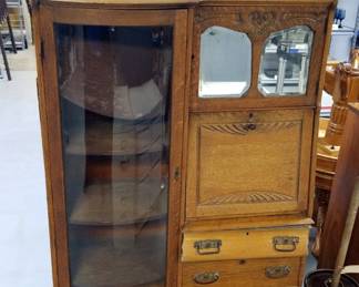 Antique Side By Side Secretary Bookcase Curio Combination Cabinet With Mirrored Crest, 66" x 40" x 14.5"