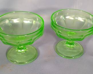 Federal Glass Uranium Vaseline Sherbet Glasses, Qty 2, Hurricane Shades, 10", Qty 2, 8.5", Qty 2, And 7.5", Ice Blue Candy Dish, Amber Votive, And More, Total Qty 17