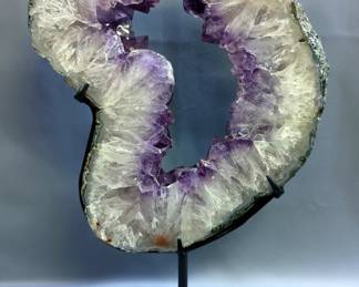 Natural Brazilian Amethyst Portal Cut Geode Slice Polished On Metal Stand, Weighs 5.4Kg, Geode Measures Approx 12" x 11" x 1.75", Height With Stand 16.5"