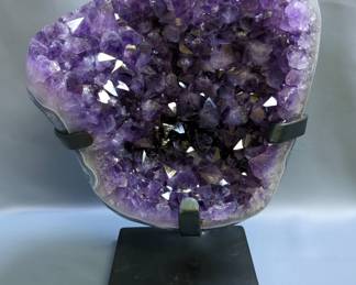 Natural Brazilian Amethyst Geode With Polished Edge On Metal Stand, Weighs 12.02Kg, With Stand, Geode Measures 10" x 11.25" x 6.5", Height With Stand 14"