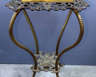 Antique Brass Plant Stand With Marble Top, 29" x 13" x 13"