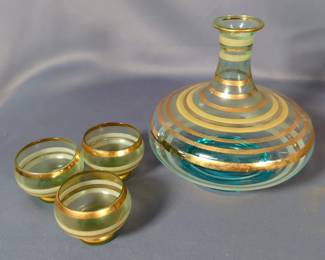 Bohemian Style 6" Decanter With Matching Glasses, Qty 6, Amber Drinking Glasses, Qty 6, And Amber Sherbet Glasses, Qty 6