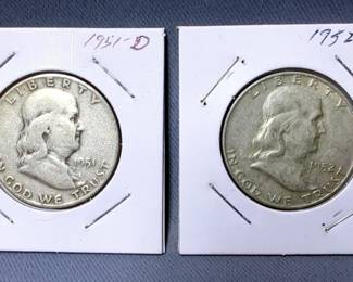 Franklin Half Dollars, Qty 6, Including 1948 D, 1949 D, 1950 D, 1951 D, 1952 D, And 1953 D