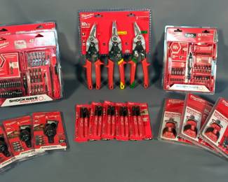 Milwaukee 42Pc Impact Driver Bit Sets, Model 48-32-4407, Qty 2, 3Pc Aviation Snips Set, Model 48-22-4533, 10 In 1 And 8 In 1 Multi Bit Driver And Ratchet Sets, Model 48-22-2302C, Qty 3, 6Pc 30 Degree Knuckle Pivoting Bit Holders, Model 48-32-2300, Qty 3, And Inkzall Jobsite Markers, Model 48-22-3105, Qty 5