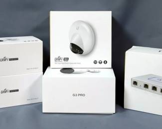 UniFi G3 Dome Video Wide Angle With Infrared Camera, Indoor Outdoor IP Camera With Infrared Cameras, Qty 2, G3 Pro Camera, And Security Gateway Router With Gigabyte Ethernet, All In Original Boxes