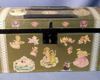 Vintage Wood Child Steamer Trunk With Hinged Lid And Tray, 12" x 24" x 10", Includes Key And Baby Doll