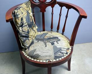 Antique Hand Carved Upholstered Barrel Back Chair, 35" x 24" x 22"