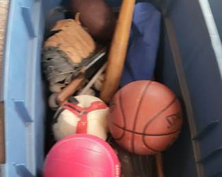 Basket ball, bat, football, baseball