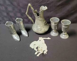Pewter Pitcher And Mugs