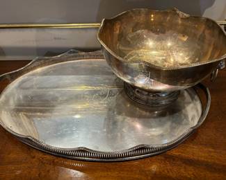 Vanderbilt University Silver Plate Monogram Punch Bowl and Pierce Rim Tray