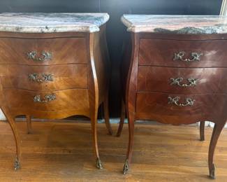 Pair of 3 Drawer French Side Tables - Pink Marble Tops
