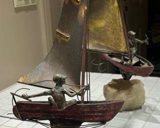 Stone and Brass Sailboat Sculpture