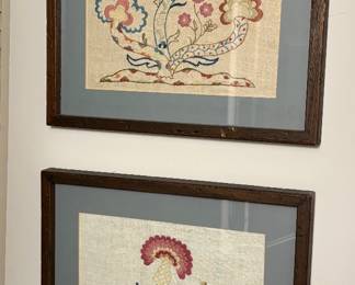 Vintage Crewel Floral Pair